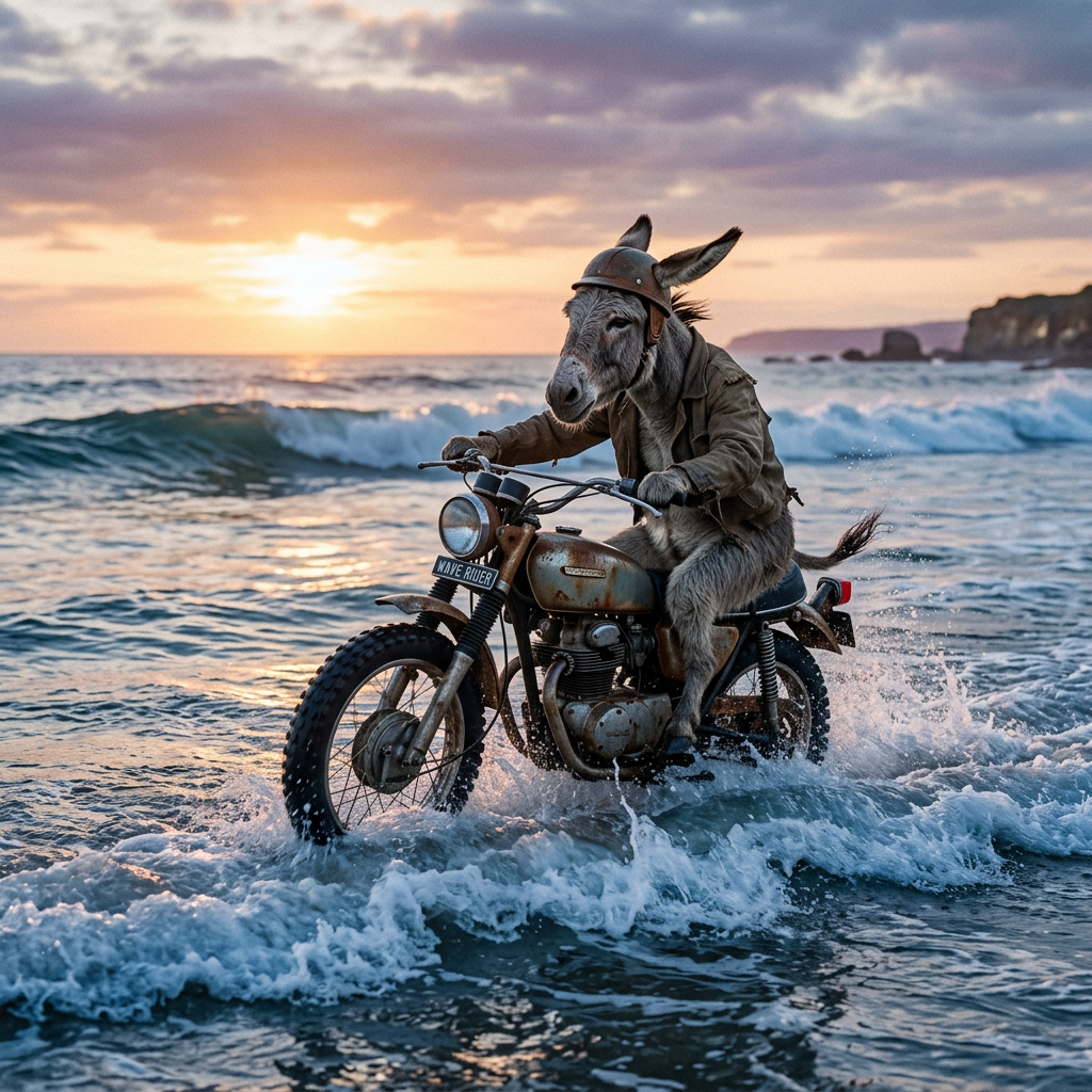 Donkey wearing a helmet and jacket riding a motorcycle in ocean waves during sunset