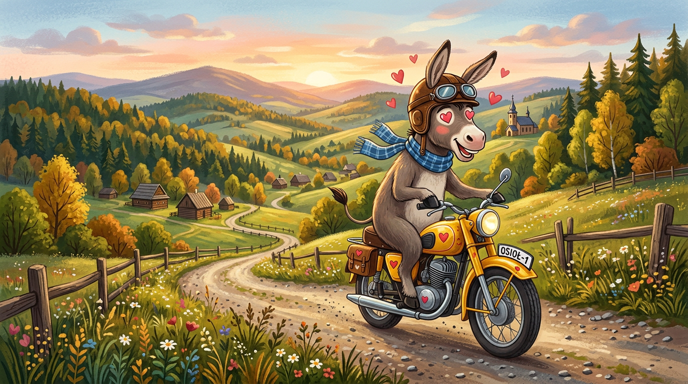 Donkey wearing helmet and scarf riding a yellow motorcycle with heart symbols on a winding dirt road